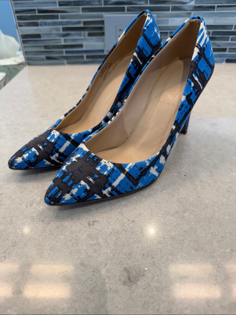 J. Crew Blue and Black Patterned Pointed-Toe Pumps